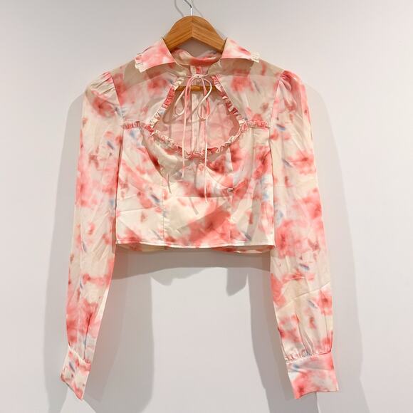 Altar'd State Tops - CIDER Watercolor Floral Cropped Blouse Ruffle Tie Neck Long Sleeve Small